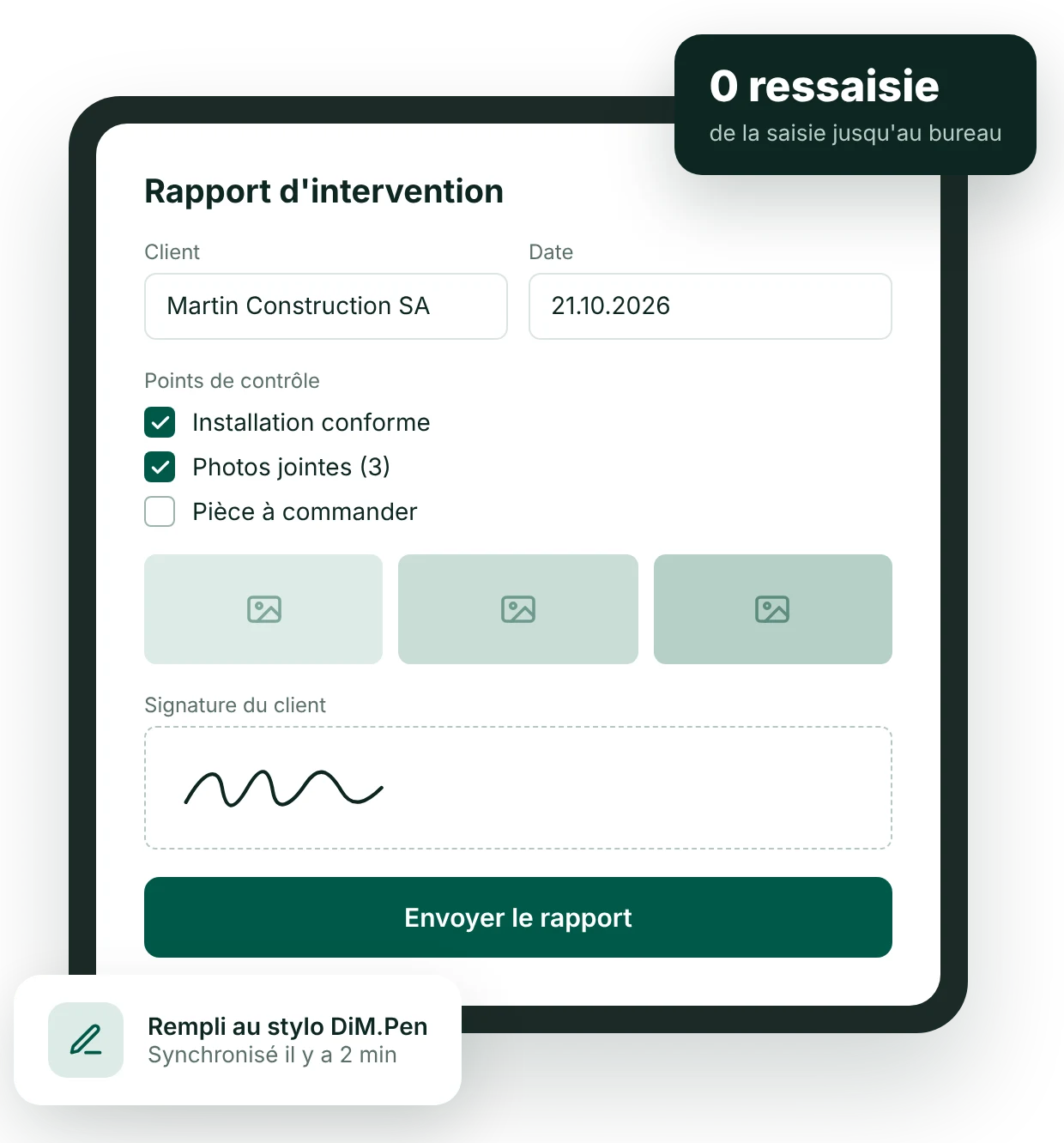 Rapport d’intervention digitalisé sur tablette avec l’App DiM : points de contrôle, photos et signature du client